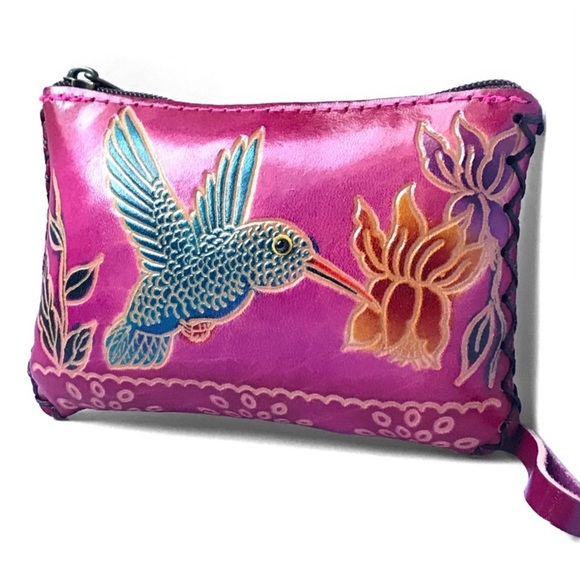 1 LEFT! Genuine Leather Handmade Handcrafted Hummingbird Wristlet Pouch - Picture 2 of 4